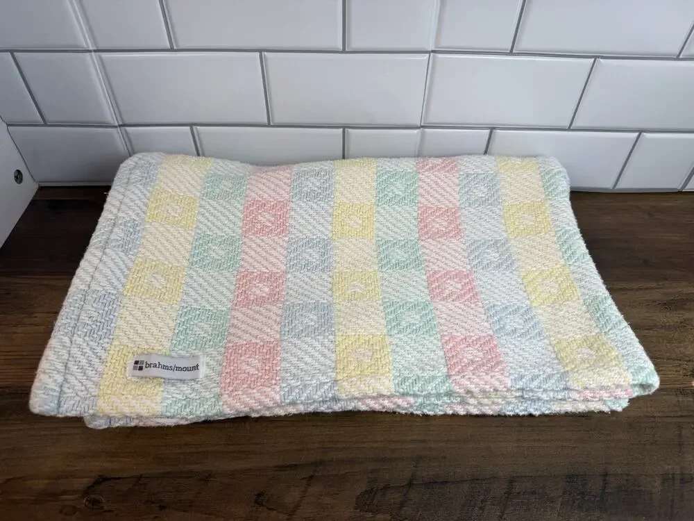 Brahms Mount Cotton Baby Blanket Pastel Woven Block Pink Blue Yellow 40x32”